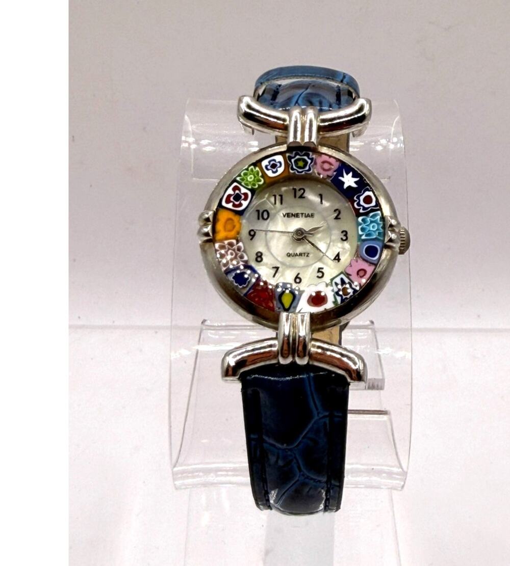 Venetiae Murano Glass Millefiori Watch W/Blue Leather Band